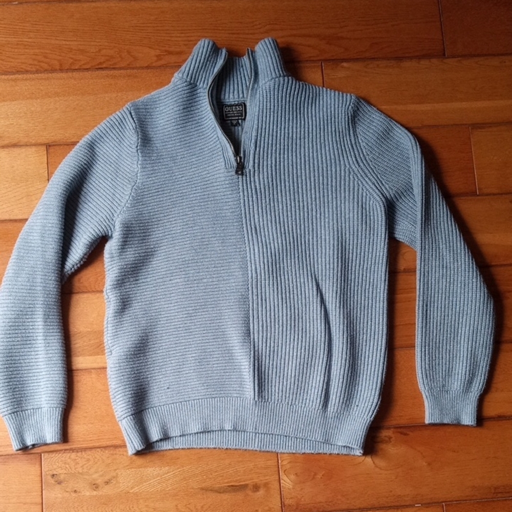 Guess Men's Blue Ribbed Zip-Up Sweater